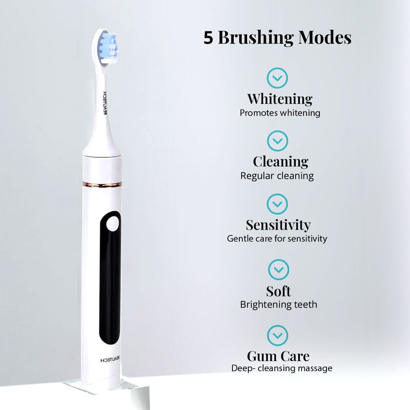 Beautech LED 5 Mode Toothbrush with 4 Replacement Brush Heads and Dual Charging Options- White