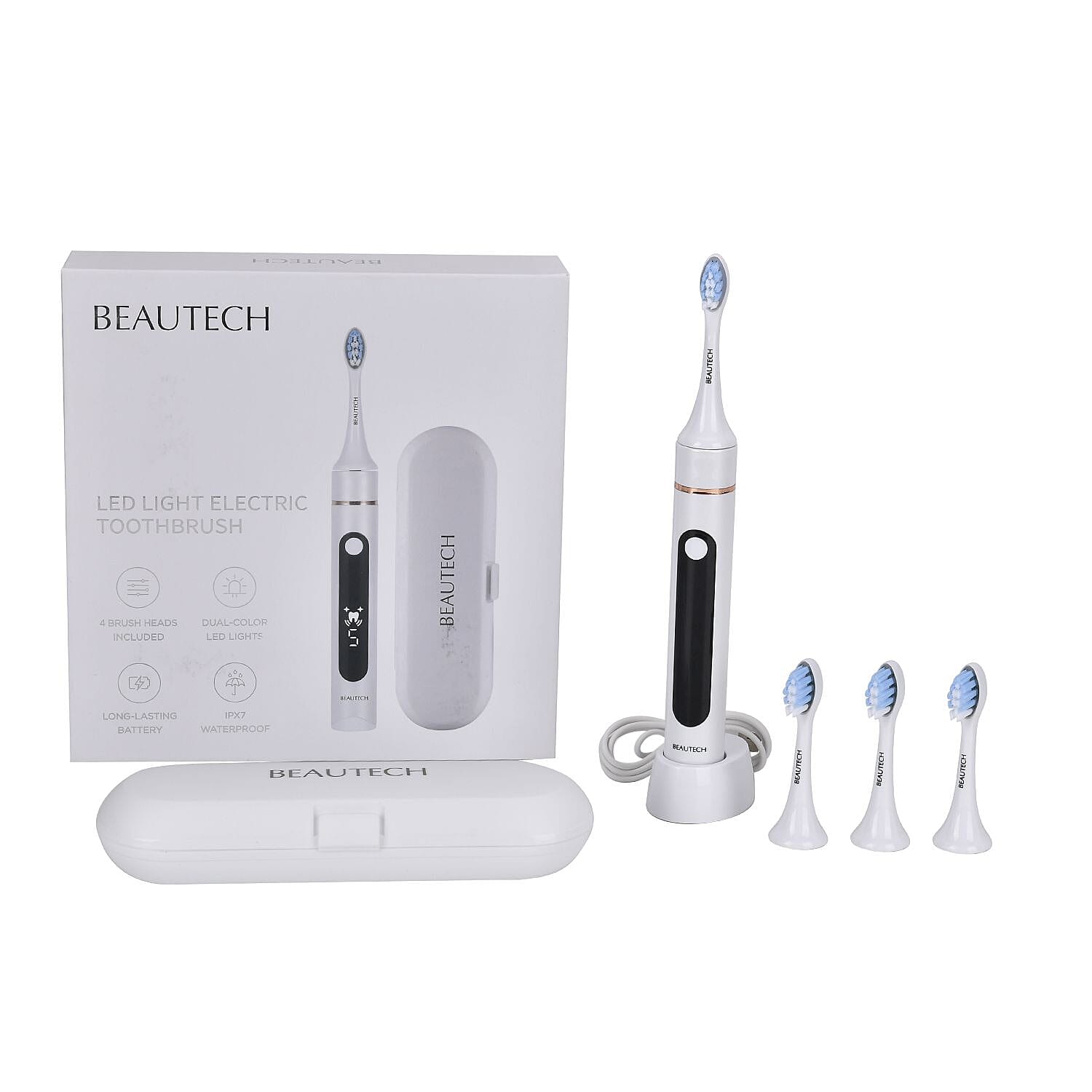 Beautech LED 5 Mode Toothbrush with 4 Replacement Brush Heads and Dual Charging Options- White