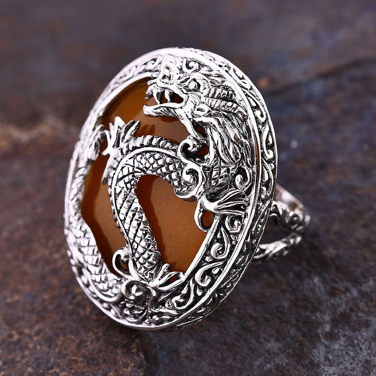 Bali Legacy Honey Jade (D) Dragon Ring in Sterling Silver (Size 6.0) 53.85 ctw image number 1