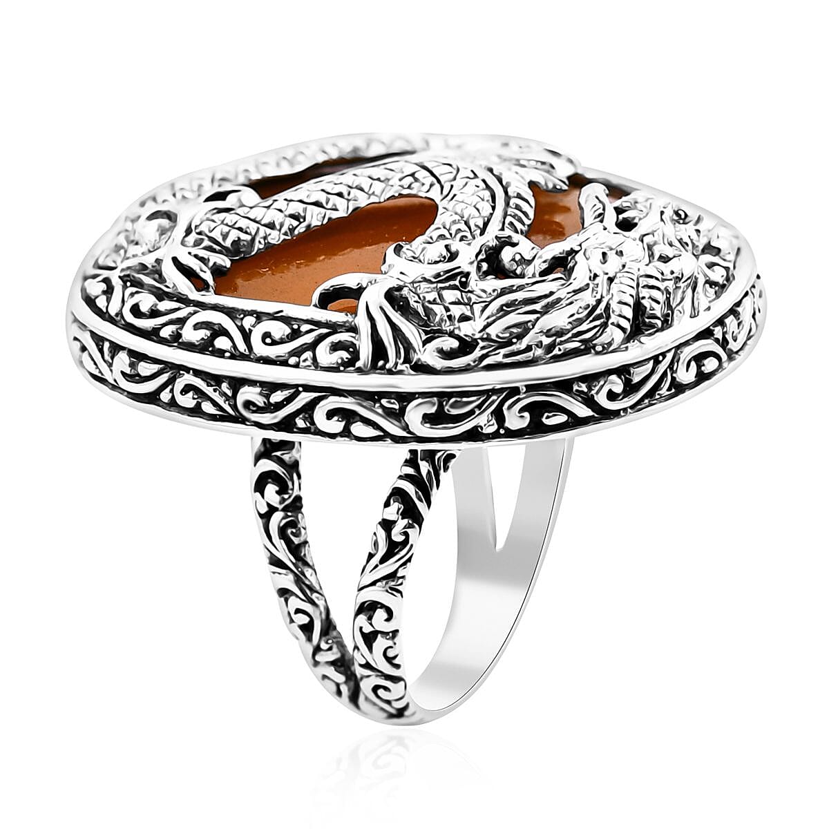 Bali Legacy Honey Jade (D) Dragon Ring in Sterling Silver (Size 6.0) 53.85 ctw image number 3