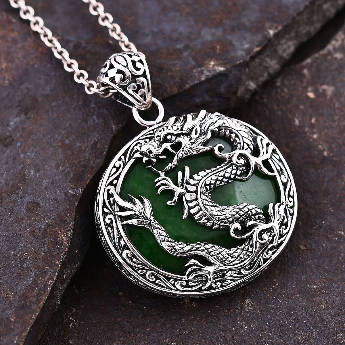 Bali Legacy Green Jade (D) Dragon Pendant in Sterling Silver 53.70 ctw image number 1