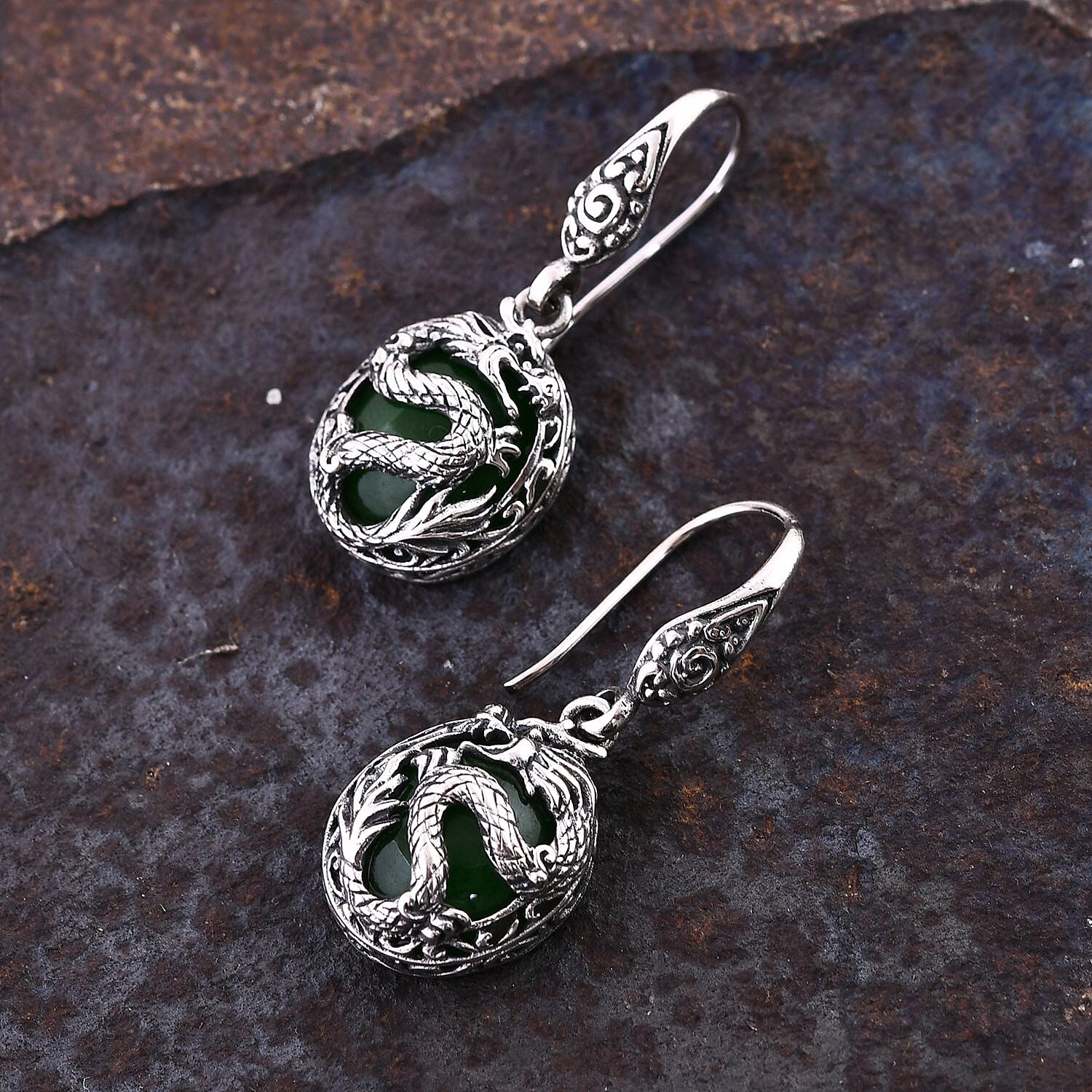Bali Legacy Green Jade (D) Dragon Earrings in Sterling Silver 18.30 ctw