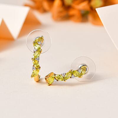 Premium Sava Sphene and Moissanite J-Hoop Earrings in Vermeil Yellow Gold Over Sterling Silver 1.75 ctw