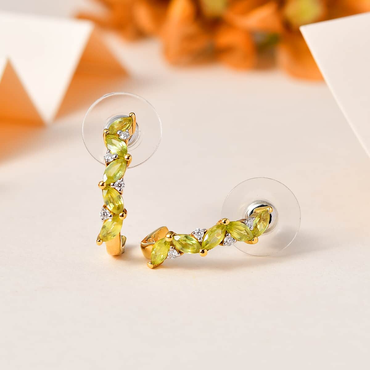 Premium Sava Sphene and Moissanite J-Hoop Earrings in Vermeil Yellow Gold Over Sterling Silver 1.75 ctw image number 1