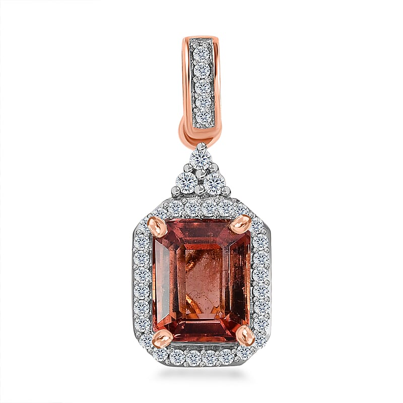 Luxoro 10K Rose Gold Premium Blush Tourmaline and G-H I2 Diamond Halo Pendant without Chain 1.70 ctw