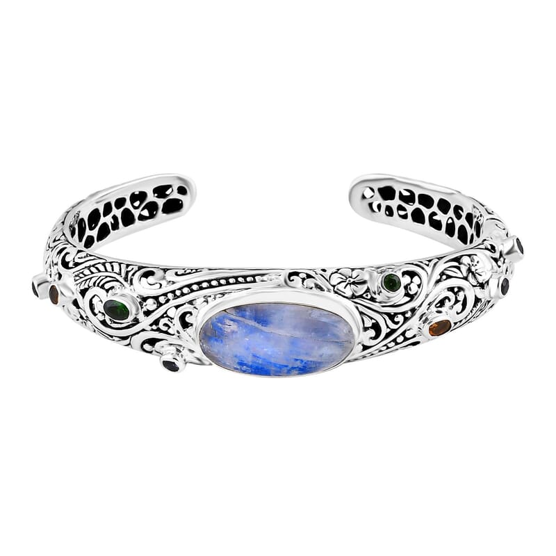 Bali Legacy Kuisa Rainbow Moonstone and Multi Gemstone 18.60 ctw Moonlit Majesty Cuff Bracelet in Sterling Silver (7.25 In)