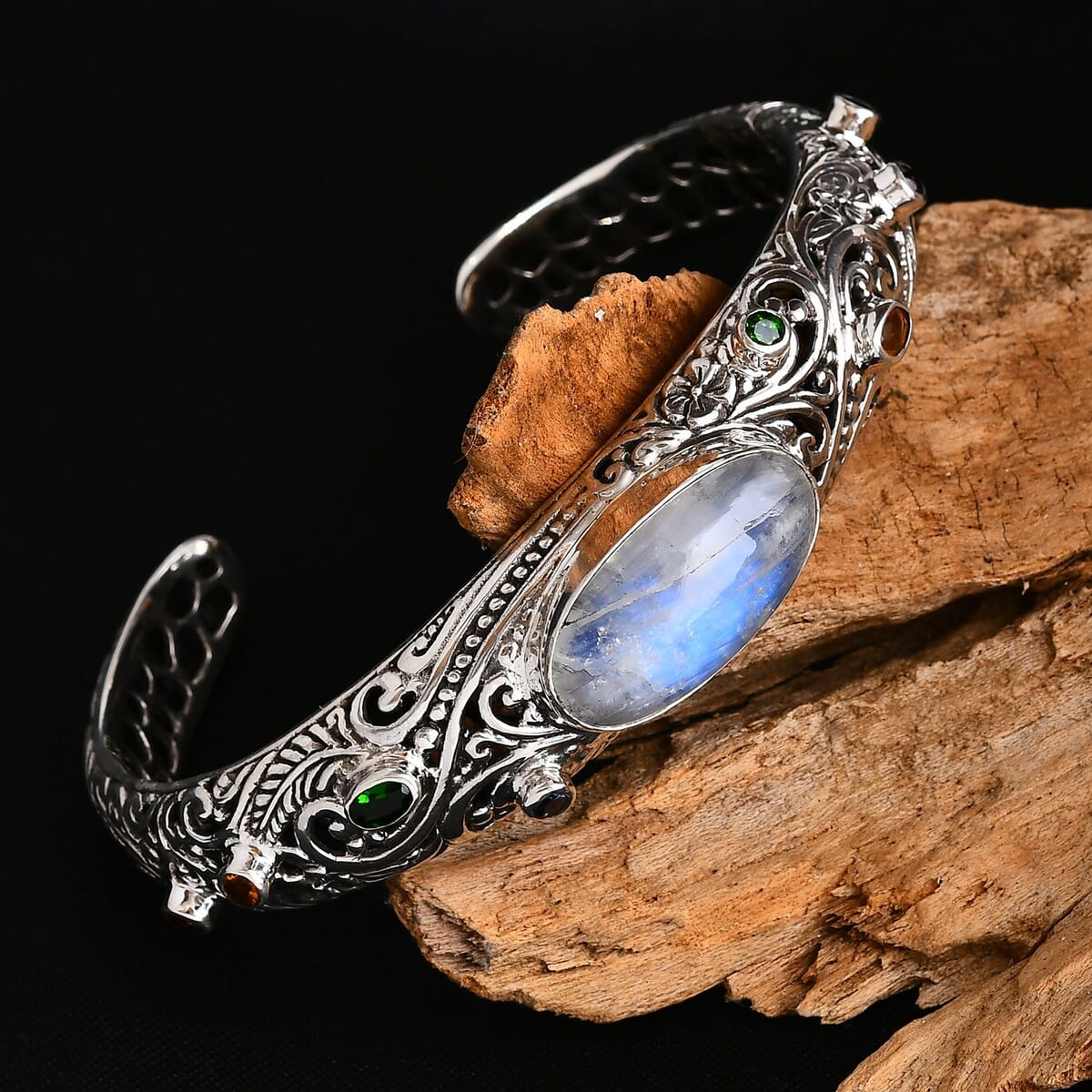 Bali Legacy Kuisa Rainbow Moonstone and Multi Gemstone 18.60 ctw Moonlit Majesty Cuff Bracelet in Sterling Silver (7.25 In) image number 1