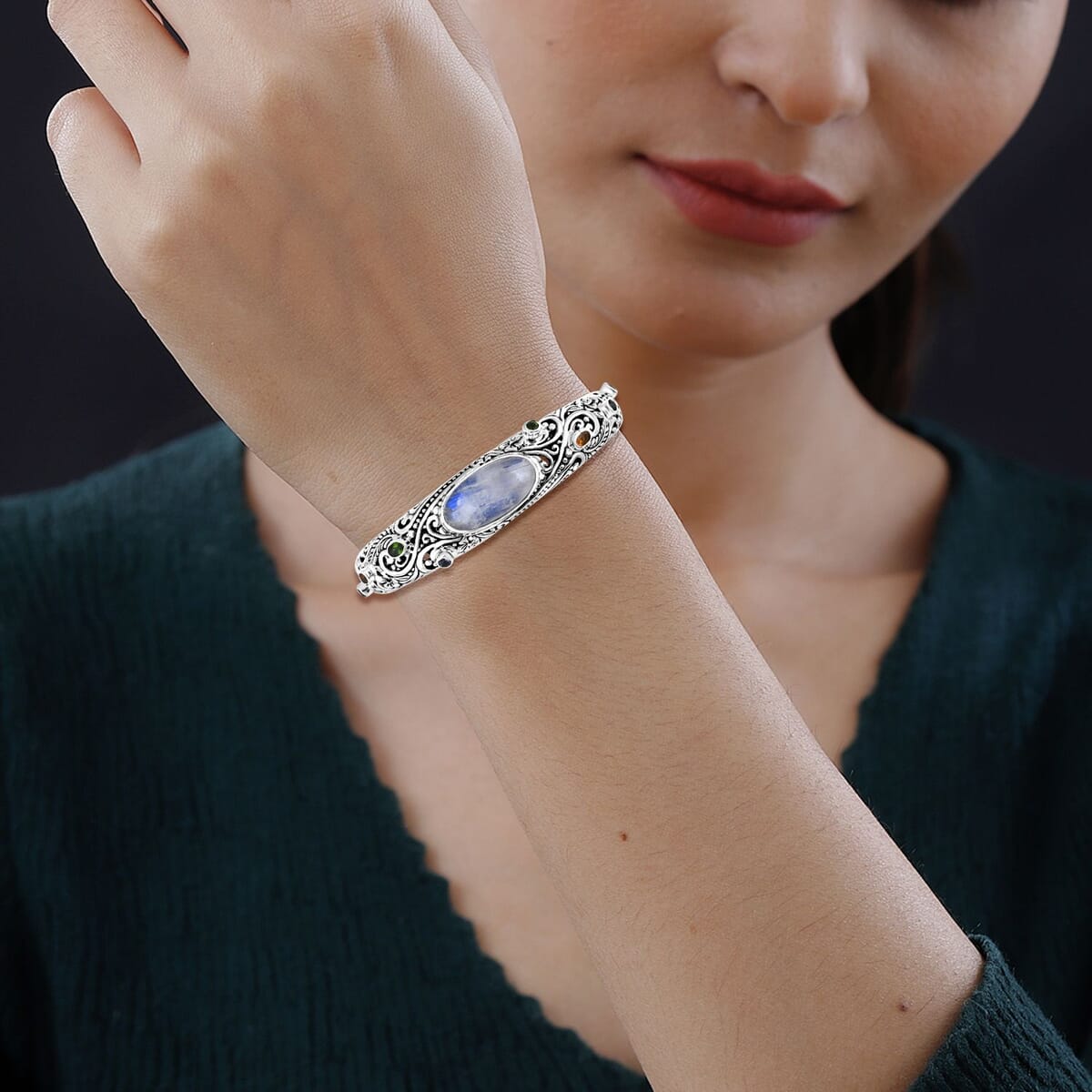 Bali Legacy Kuisa Rainbow Moonstone and Multi Gemstone 18.60 ctw Moonlit Majesty Cuff Bracelet in Sterling Silver (7.25 In) image number 2