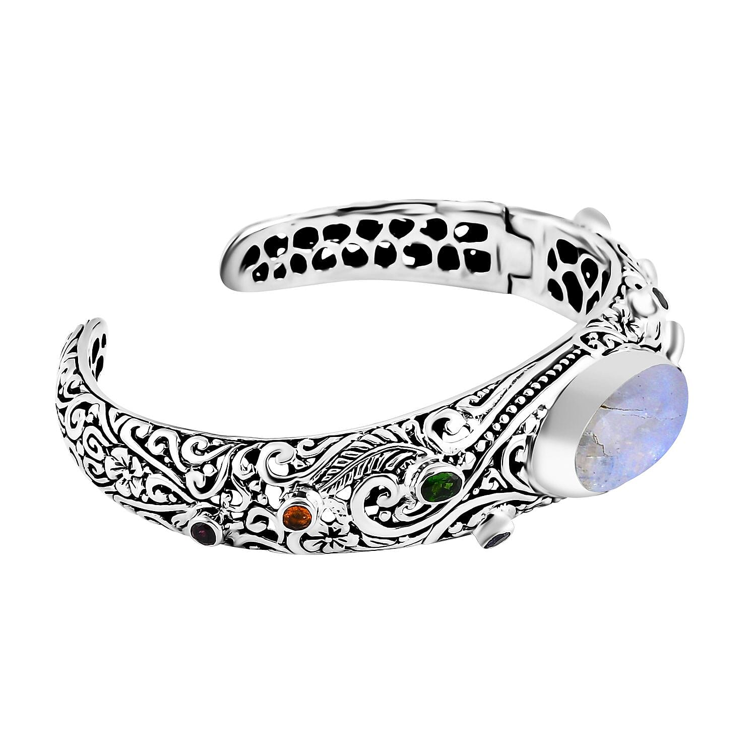 Bali Legacy Kuisa Rainbow Moonstone and Multi Gemstone 18.60 ctw Moonlit Majesty Cuff Bracelet in Sterling Silver (7.25 In)