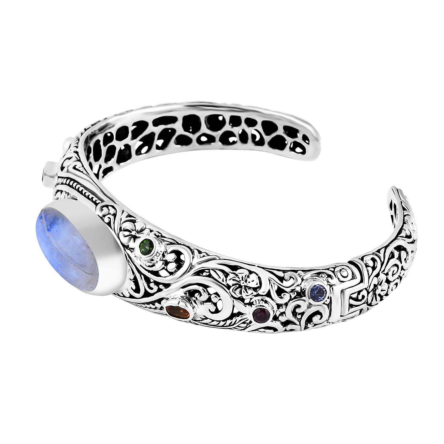 Bali Legacy Kuisa Rainbow Moonstone and Multi Gemstone 18.60 ctw Moonlit Majesty Cuff Bracelet in Sterling Silver (7.25 In)