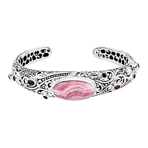 Bali Legacy Argentinian Rhodochrosite and Multi Gemstone 27.35 ctw Moonlit Majesty Cuff Bracelet in Sterling Silver (7.25 In)