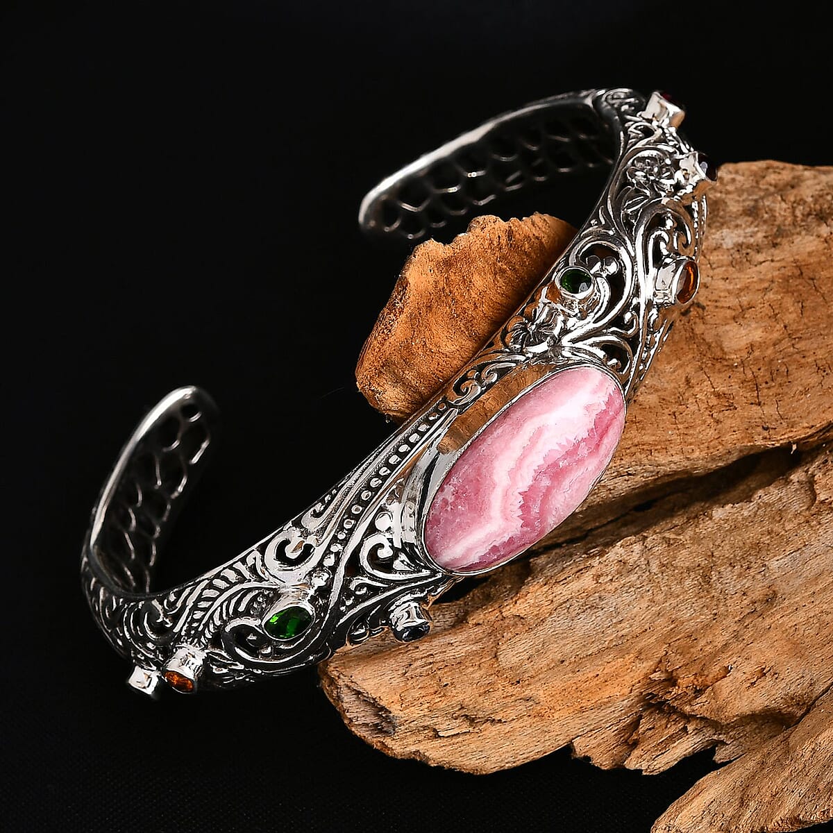Bali Legacy Argentinian Rhodochrosite and Multi Gemstone 27.35 ctw Moonlit Majesty Cuff Bracelet in Sterling Silver (7.25 In) image number 1