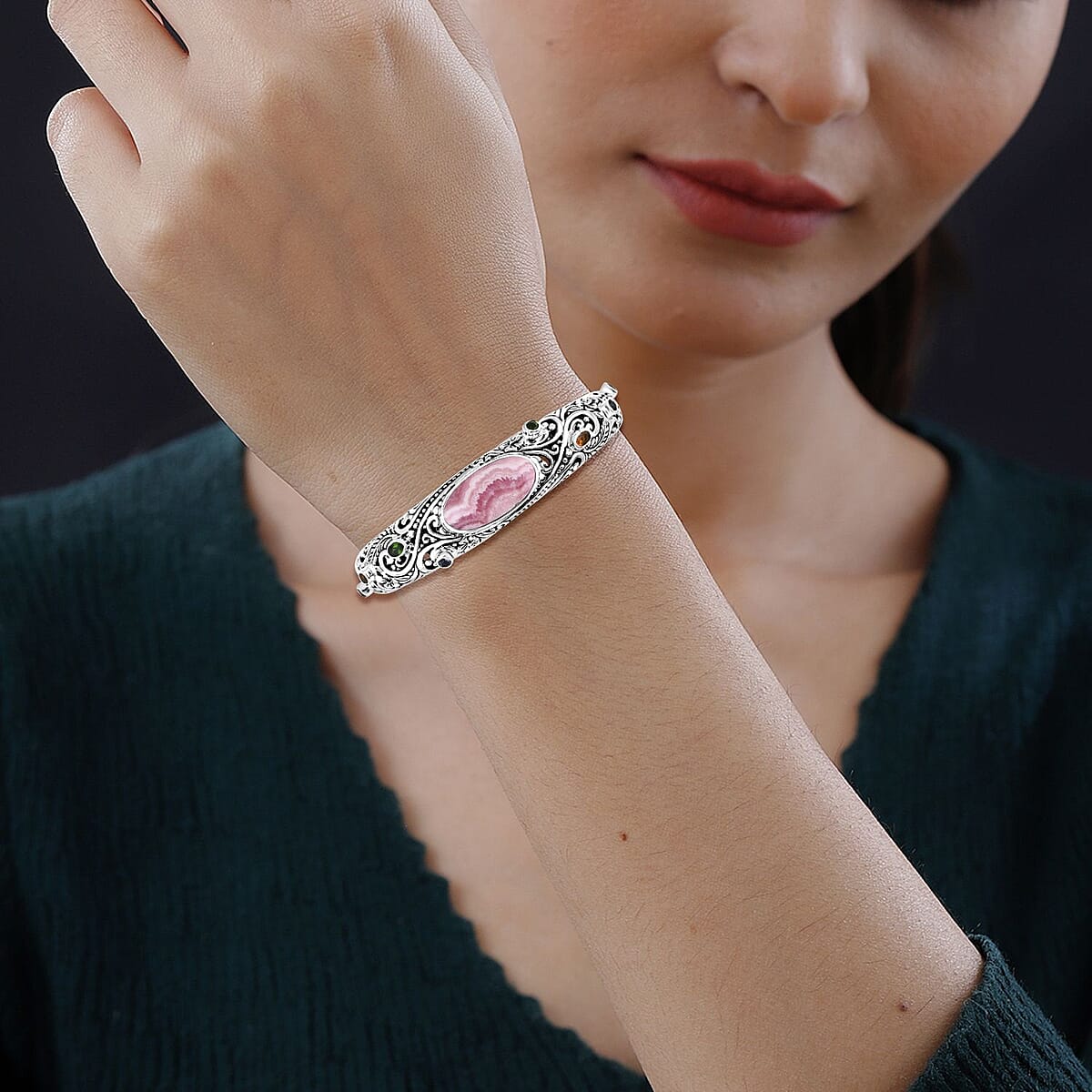 Bali Legacy Argentinian Rhodochrosite and Multi Gemstone 27.35 ctw Moonlit Majesty Cuff Bracelet in Sterling Silver (7.25 In) image number 2