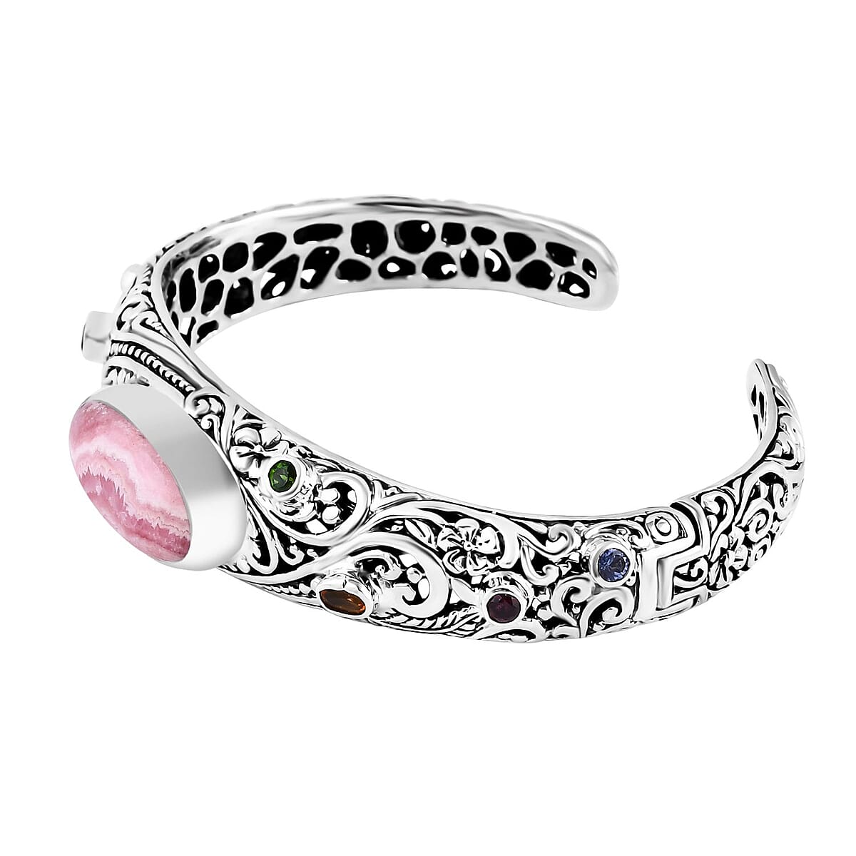 Bali Legacy Argentinian Rhodochrosite and Multi Gemstone 27.35 ctw Moonlit Majesty Cuff Bracelet in Sterling Silver (7.25 In) image number 4