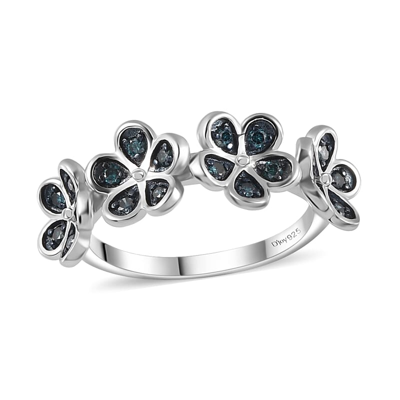 Blue Diamond Floral Ring in Platinum Over Sterling Silver (Size 10.0) 0.25 ctw