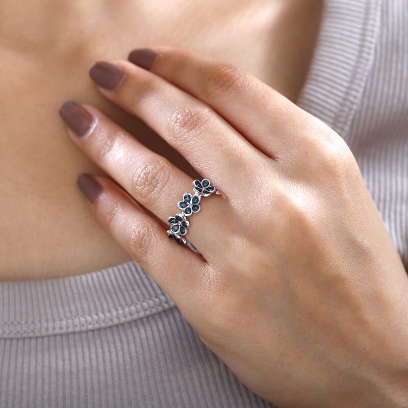 Blue Diamond Floral Ring in Platinum Over Sterling Silver (Size 10.0) 0.25 ctw