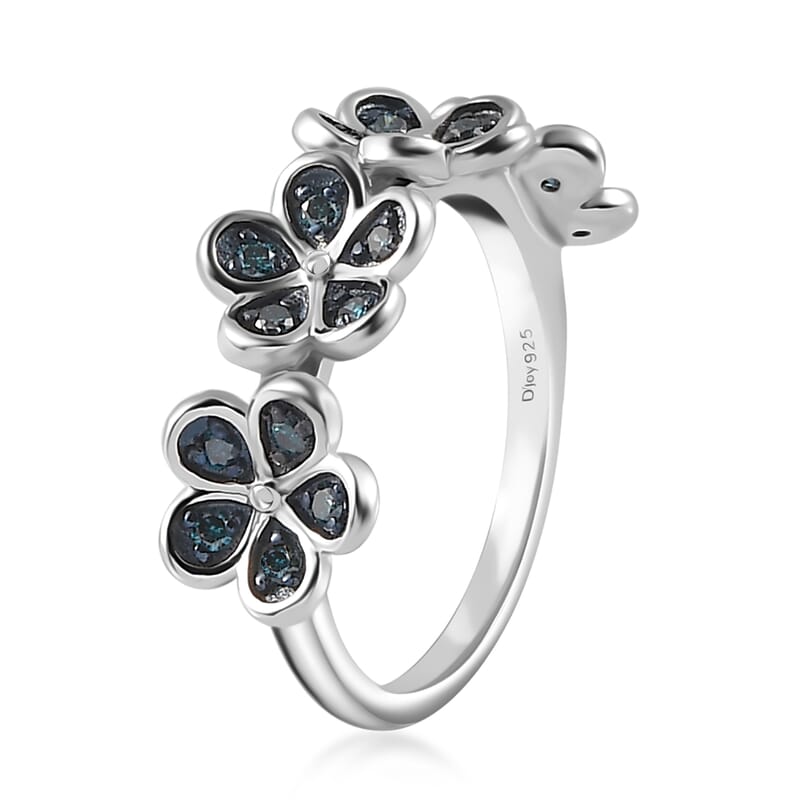 Blue Diamond Floral Ring in Platinum Over Sterling Silver (Size 10.0) 0.25 ctw