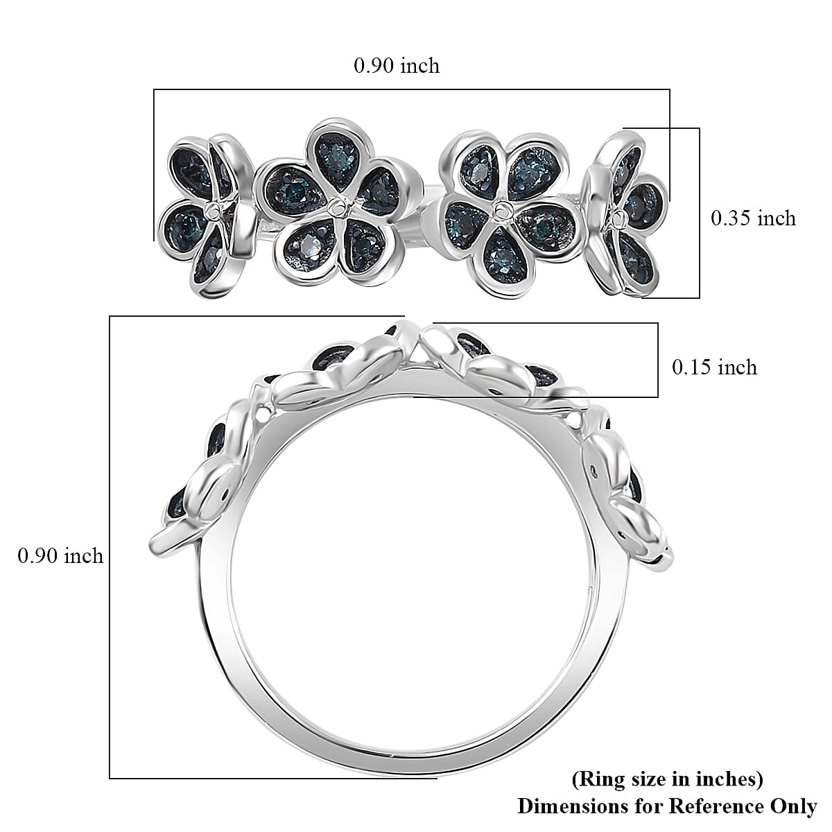 Blue Diamond Floral Ring in Platinum Over Sterling Silver (Size 10.0) 0.25 ctw
