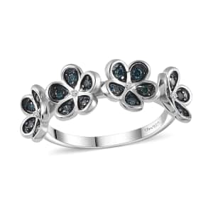 Blue Diamond Floral Ring in Platinum Over Sterling Silver (Size 5.0) 0.25 ctw
