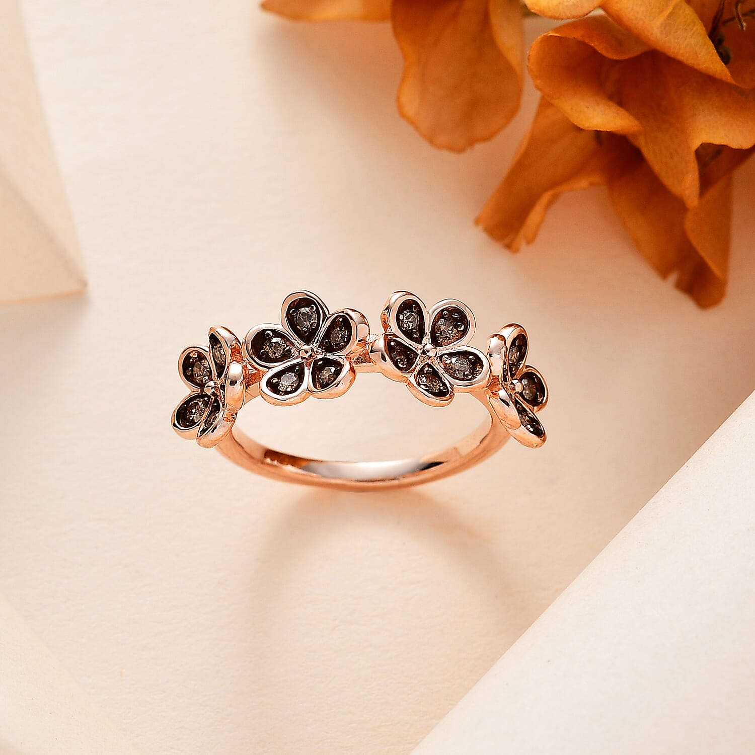 Natural Champagne Diamond Floral Ring in Vermeil Rose Gold Over Sterling Silver (Size 10.0) 0.25 ctw