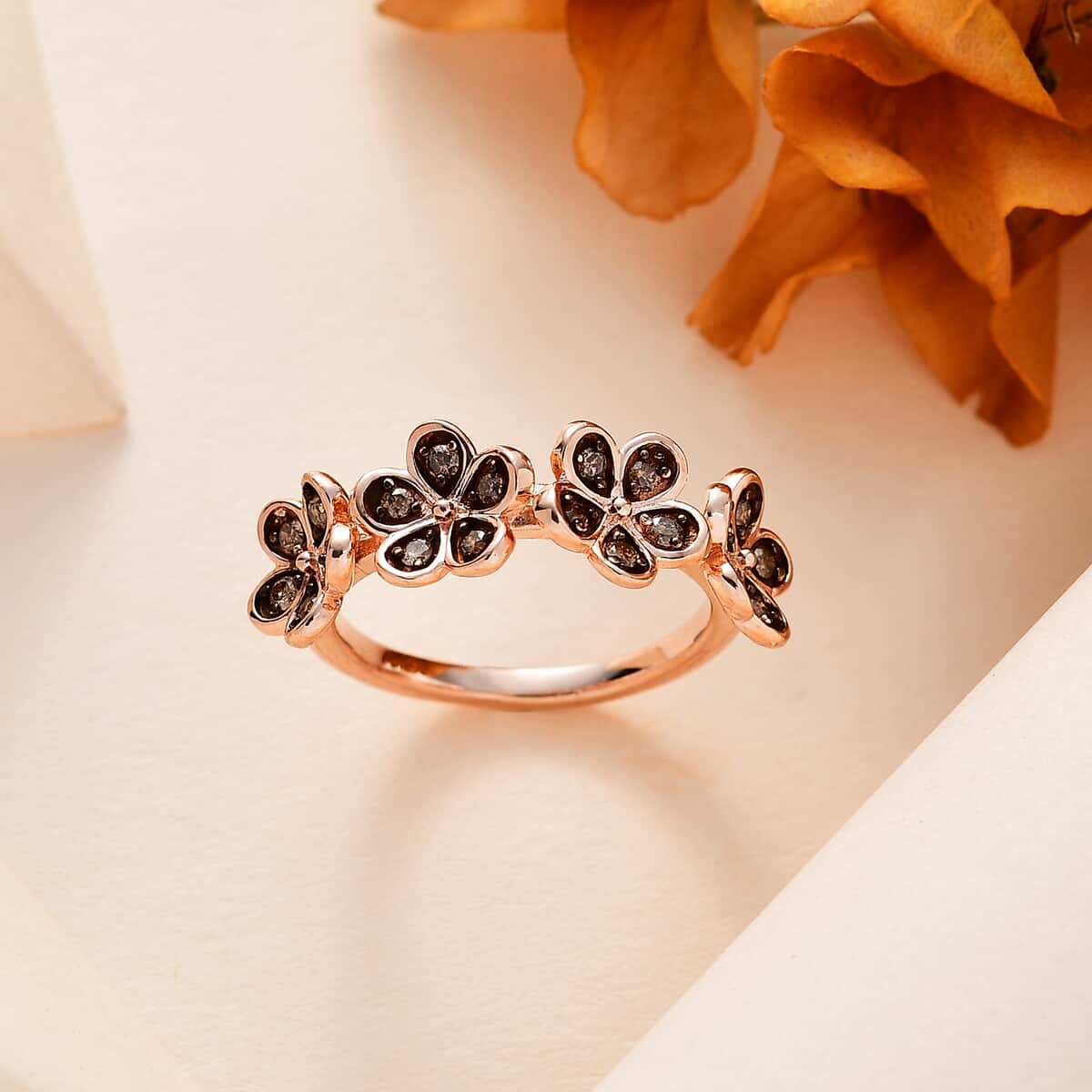 Natural Champagne Diamond Floral Ring in Vermeil Rose Gold Over Sterling Silver (Size 5.0) 0.25 ctw image number 1