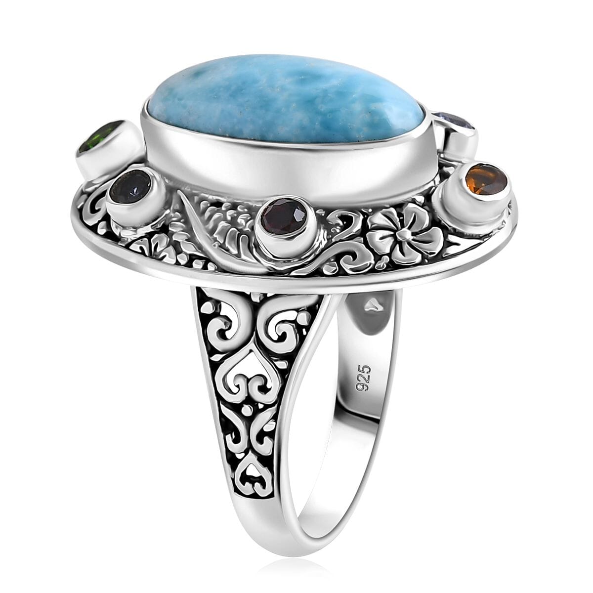 Bali Legacy Larimar and Multi Gemstone 9.20 ctw Moonlit Majesty Ring in Sterling Silver (Size 10.0) image number 3