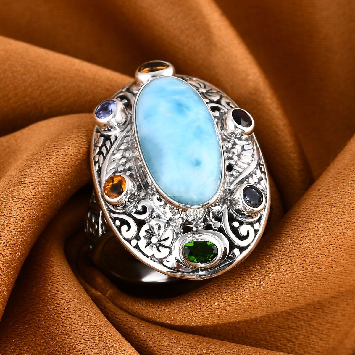 Bali Legacy Larimar and Multi Gemstone 9.20 ctw Moonlit Majesty Ring in Sterling Silver (Size 9.0) image number 1