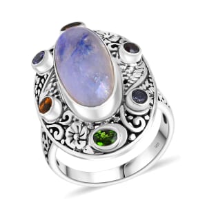 Bali Legacy Kuisa Rainbow Moonstone and Multi Gemstone 8.75 ctw Moonlit Majesty Ring in Sterling Silver (Size 6.0)