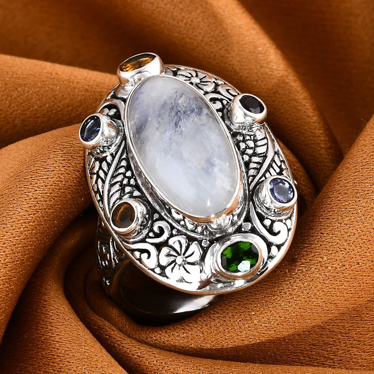 Bali Legacy Kuisa Rainbow Moonstone and Multi Gemstone 8.75 ctw Moonlit Majesty Ring in Sterling Silver (Size 6.0) image number 1