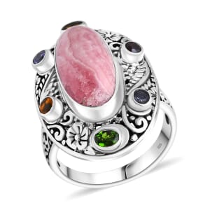 Bali Legacy Argentinian Rhodochrosite and Multi Gemstone 12.70 ctw Moonlit Majesty Ring in Sterling Silver (Size 6.0)