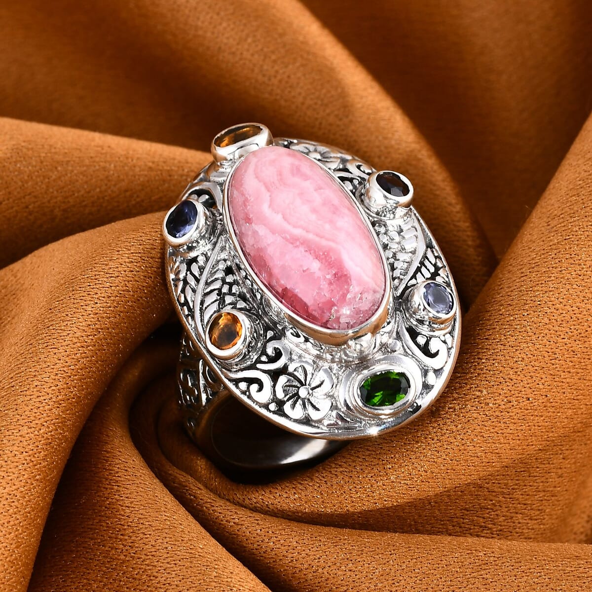 Bali Legacy Argentinian Rhodochrosite and Multi Gemstone 12.70 ctw Moonlit Majesty Ring in Sterling Silver (Size 6.0) image number 1