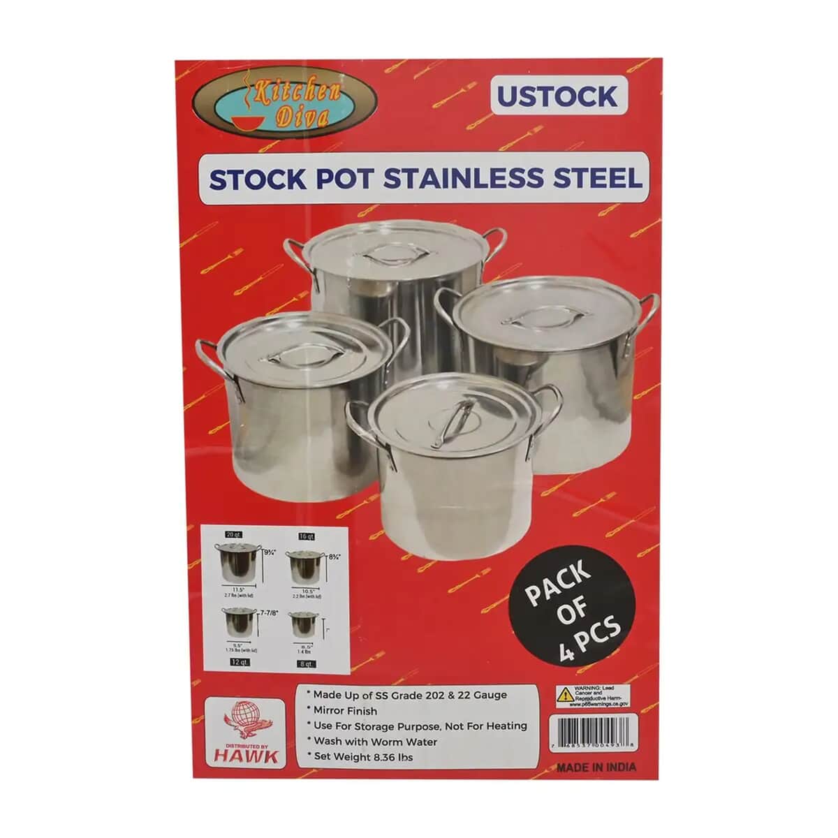 Hawk 8pc Stainless Steel Stock Pots (20, 16, 12 & 8qt) image number 6