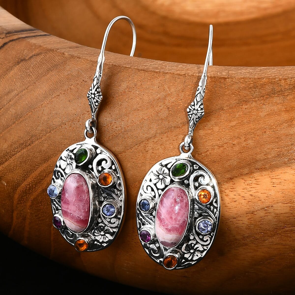 Bali Legacy Argentinian Rhodochrosites and Multi Gemstone 14.25 ctw Moonlit Majesty Earrings in Sterling Silver image number 1