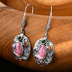 Bali Legacy Argentinian Rhodochrosites and Multi Gemstone 14.25 ctw Moonlit Majesty Earrings in Sterling Silver