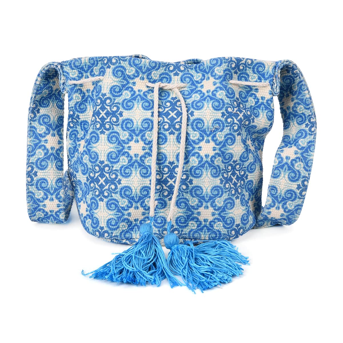 Blue Color Flower Pattern Crossbody Bag (9"x8.3"x6.7") with Blue Tassel and Shoulder Strap (59") image number 0