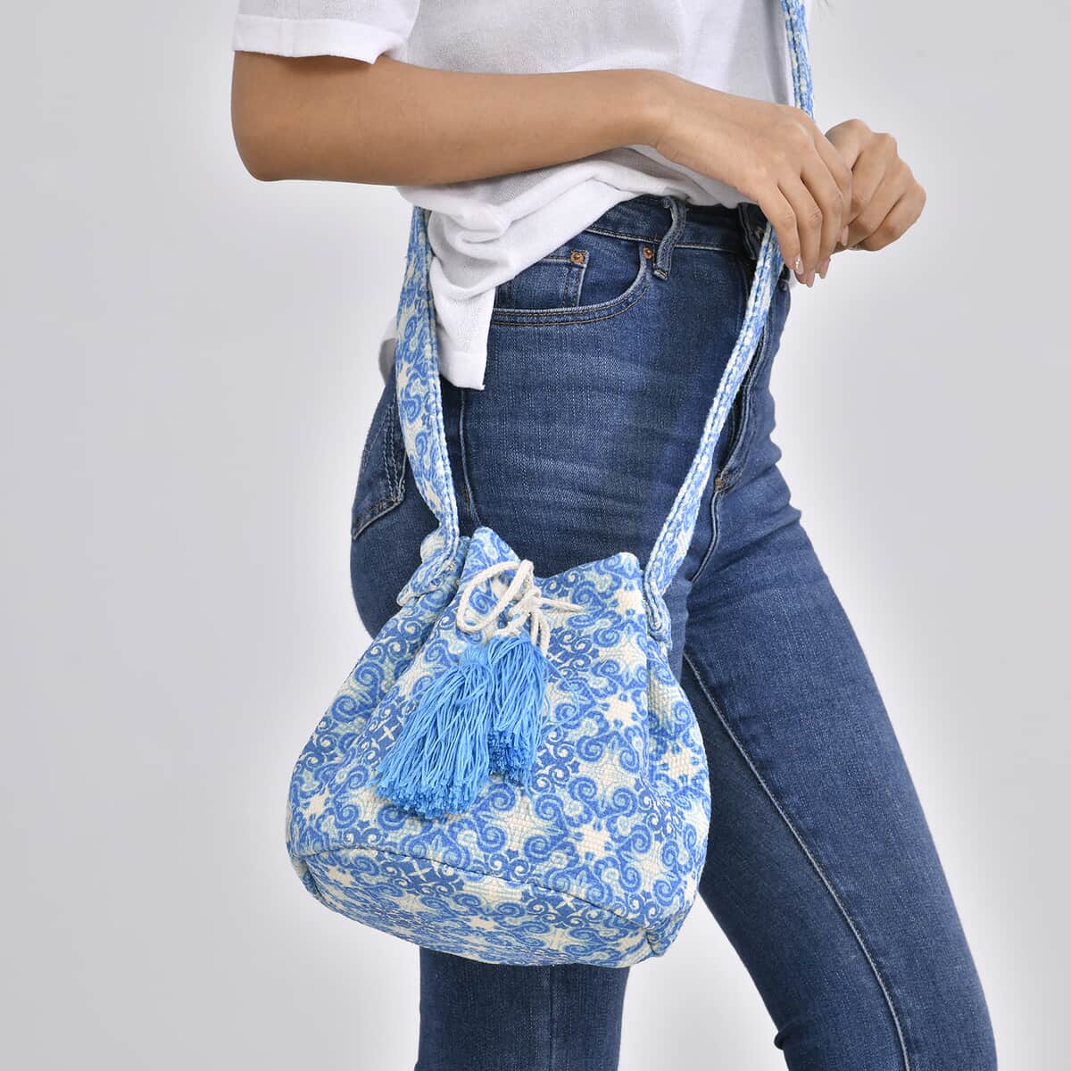 Blue Color Flower Pattern Crossbody Bag (9"x8.3"x6.7") with Blue Tassel and Shoulder Strap (59") image number 2