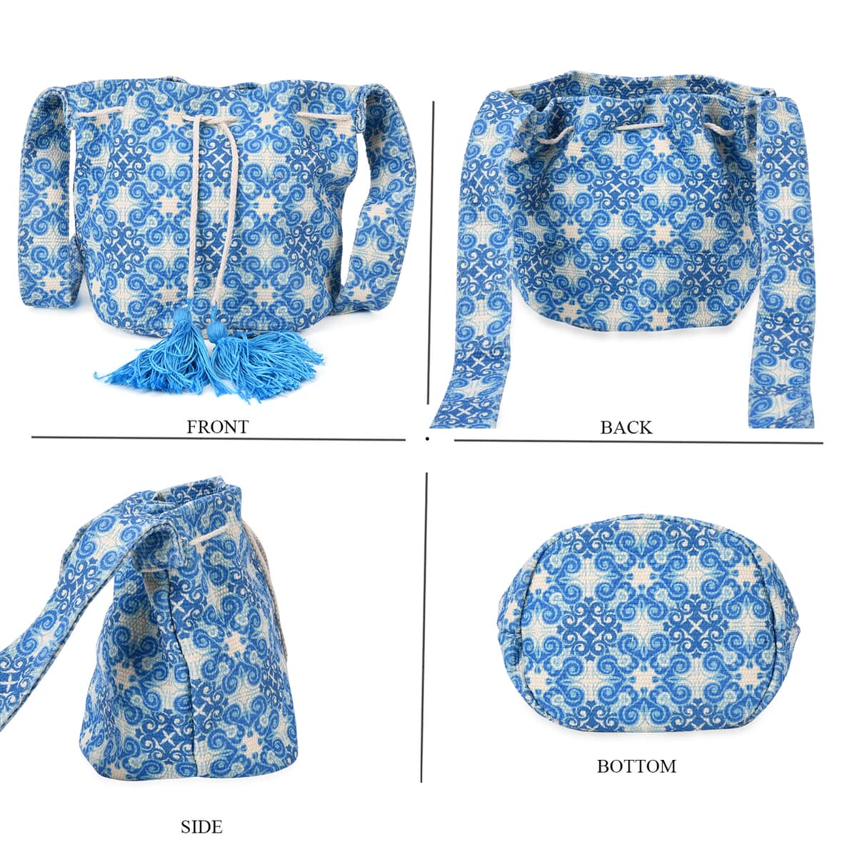 Blue Color Flower Pattern Crossbody Bag (9"x8.3"x6.7") with Blue Tassel and Shoulder Strap (59") image number 3