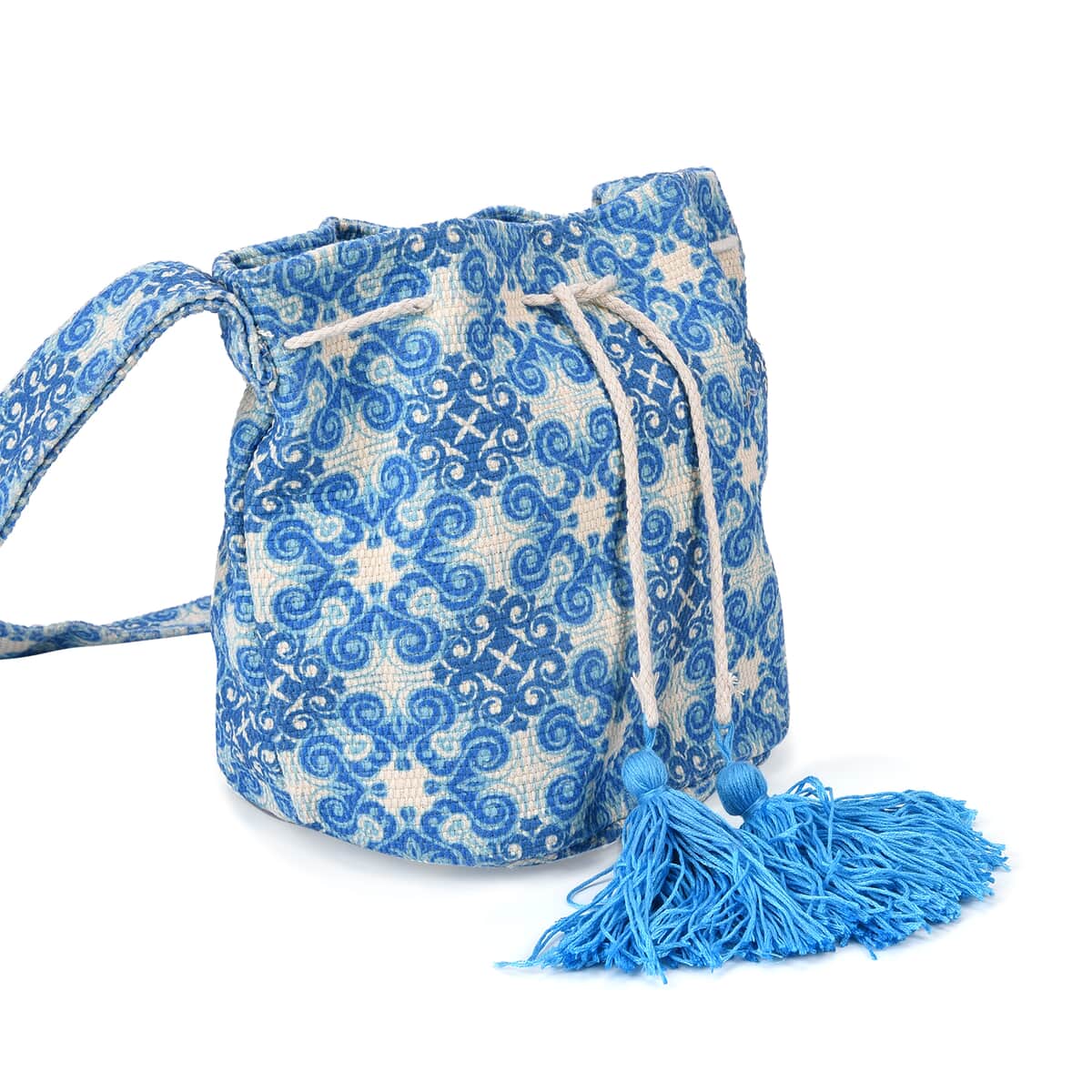 Blue Color Flower Pattern Crossbody Bag with Blue Tassel and Shoulder Strap image number 4