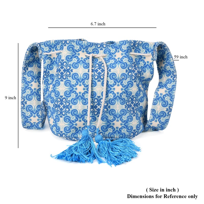 Blue Color Flower Pattern Crossbody Bag with Blue Tassel and Shoulder Strap