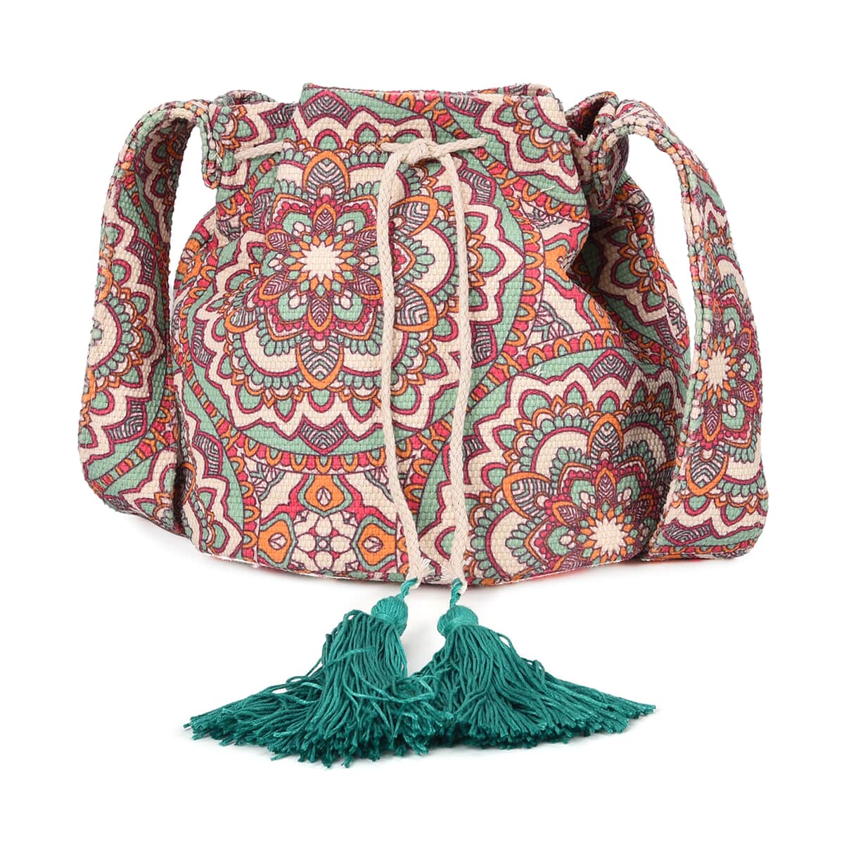 Multi Color Flower Pattern Crossbody Bag with Teal Tassel and Shoulder Strap image number 0