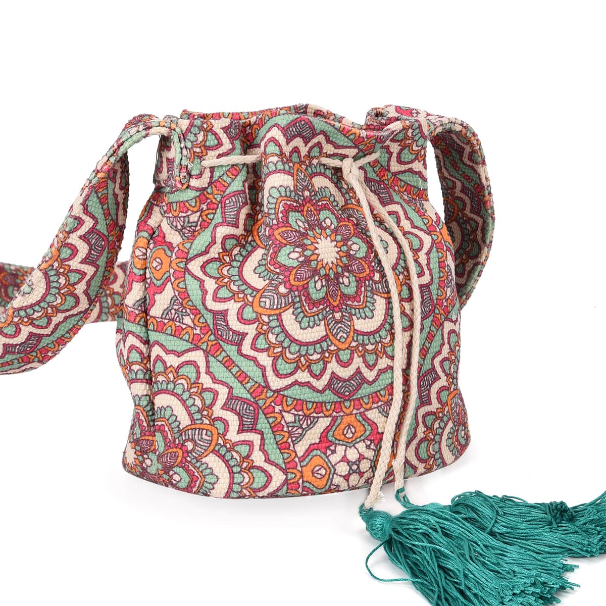 Multi Color Flower Pattern Crossbody Bag with Teal Tassel and Shoulder Strap image number 4