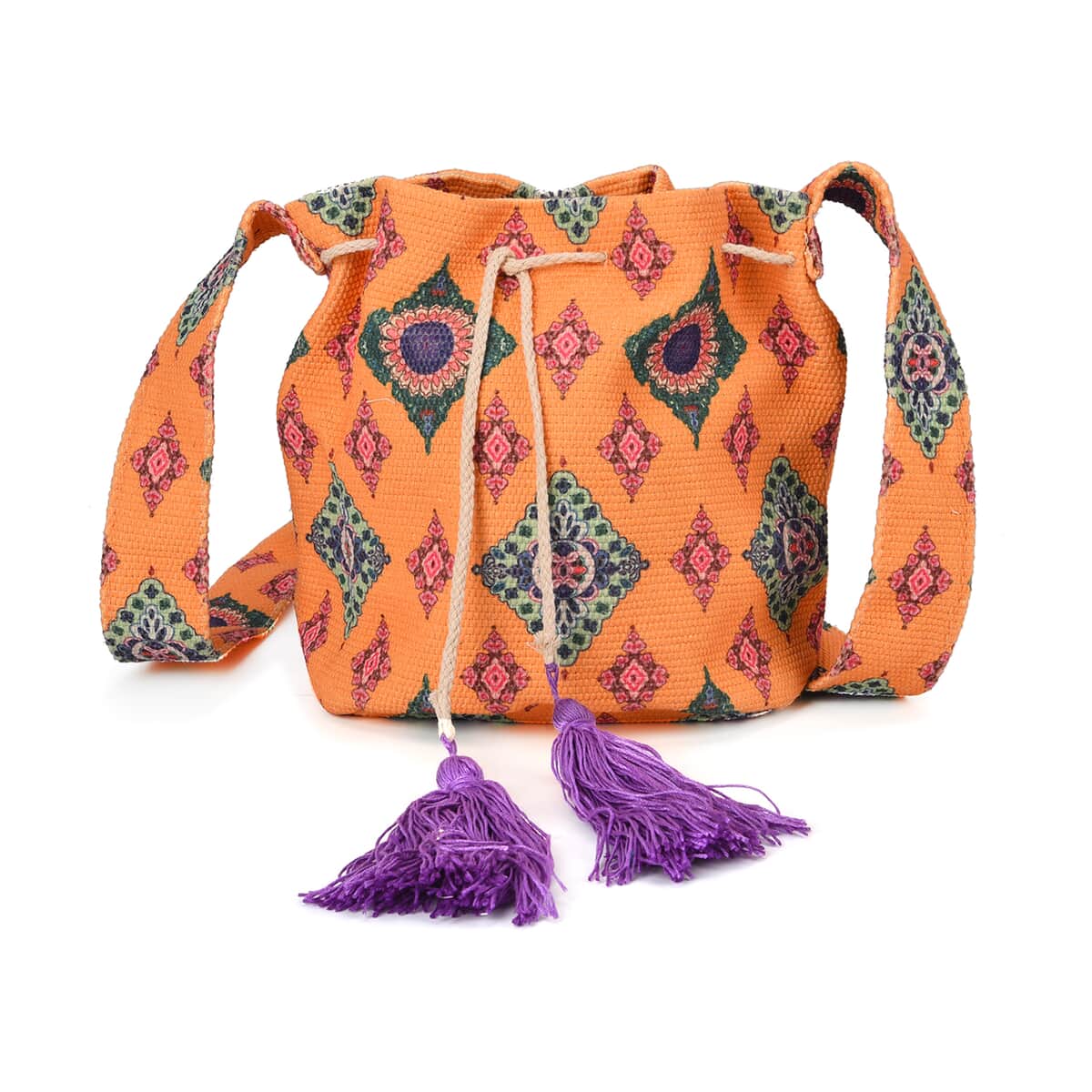 Yellow Color Flower Pattern Crossbody Bag with Purple Tassel and Shoulder Strap image number 0