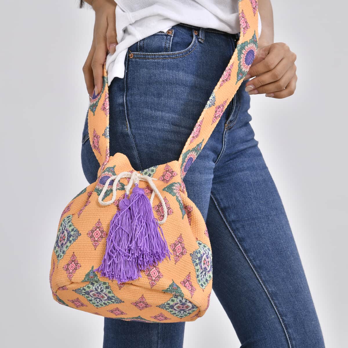 Yellow Color Flower Pattern Crossbody Bag with Purple Tassel and Shoulder Strap image number 2