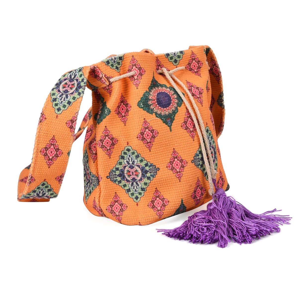 Yellow Color Flower Pattern Crossbody Bag with Purple Tassel and Shoulder Strap image number 4