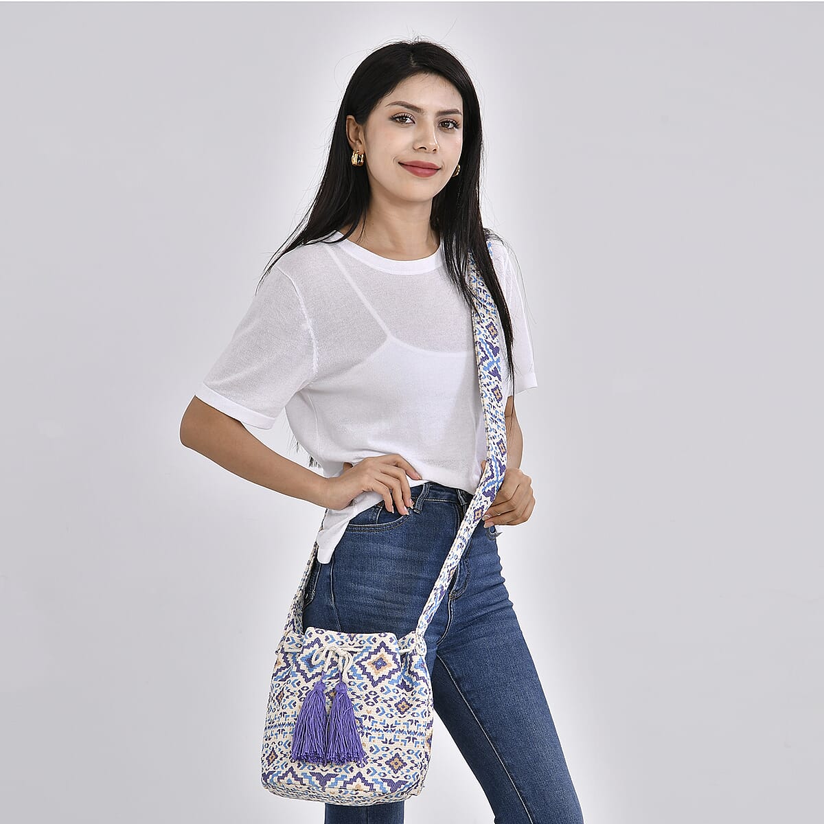 Purple Color Flower Pattern Crossbody Bag with Purple Tassel and Shoulder Strap image number 1
