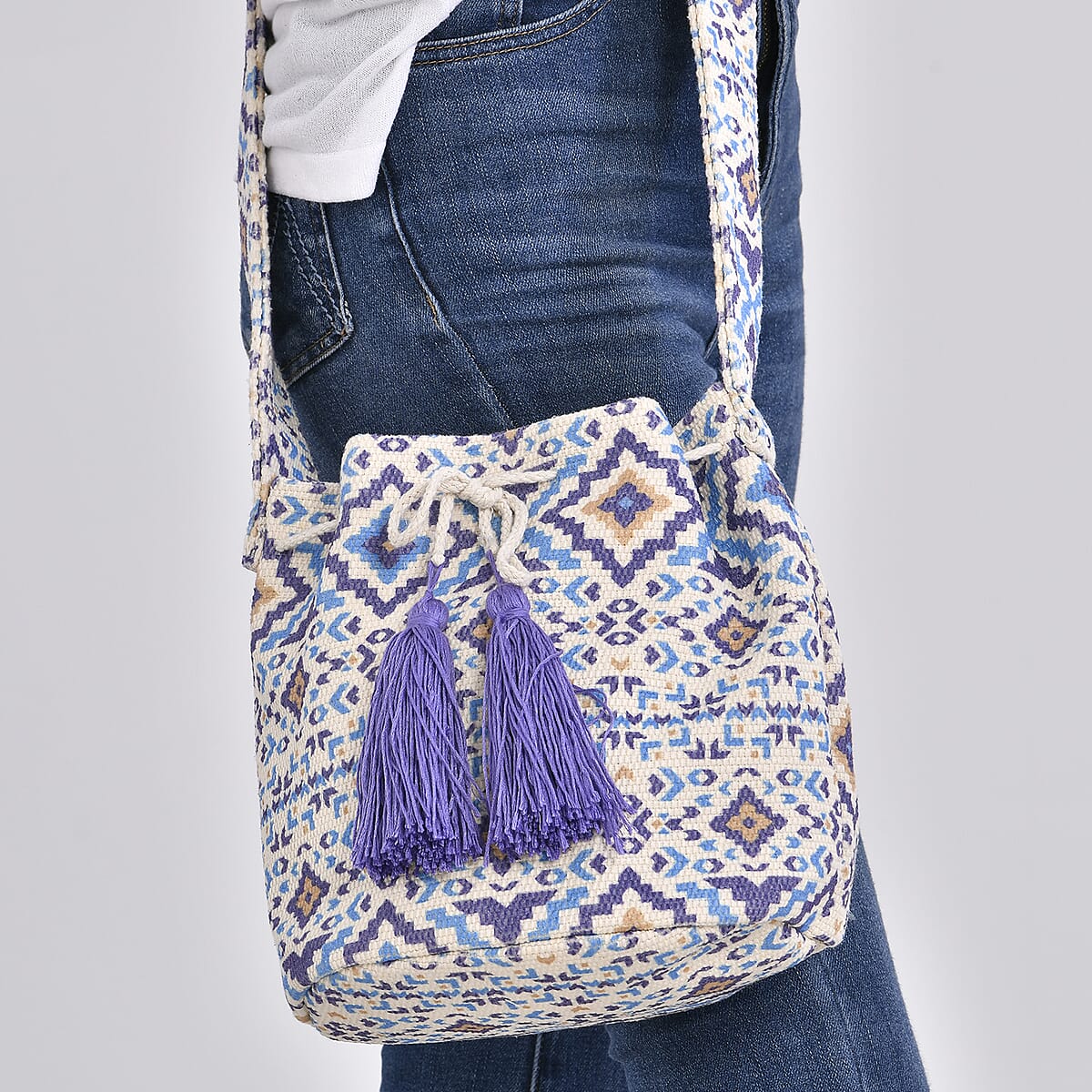 Purple Color Flower Pattern Crossbody Bag with Purple Tassel and Shoulder Strap image number 2
