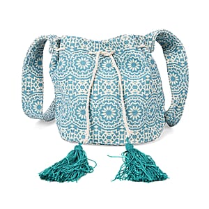 Green Color Flower Pattern Crossbody Bag with Green Tassel and Shoulder Strap