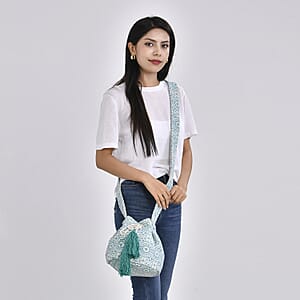 Green Color Flower Pattern Crossbody Bag with Green Tassel and Shoulder Strap