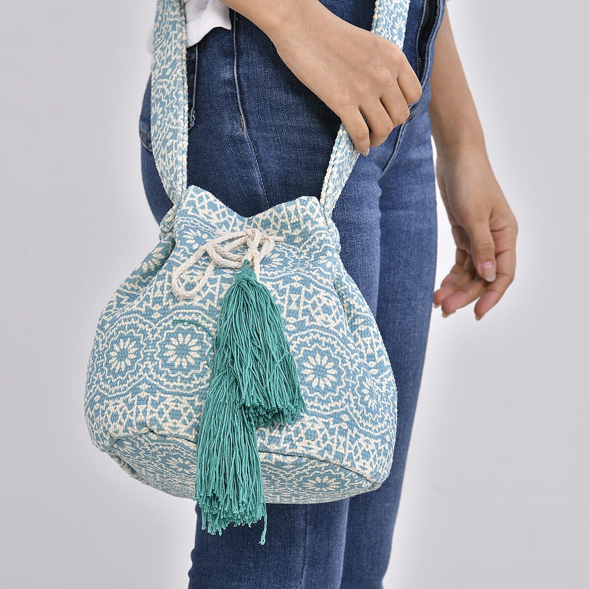 Green Color Flower Pattern Crossbody Bag with Green Tassel and Shoulder Strap image number 2