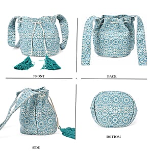 Green Color Flower Pattern Crossbody Bag with Green Tassel and Shoulder Strap